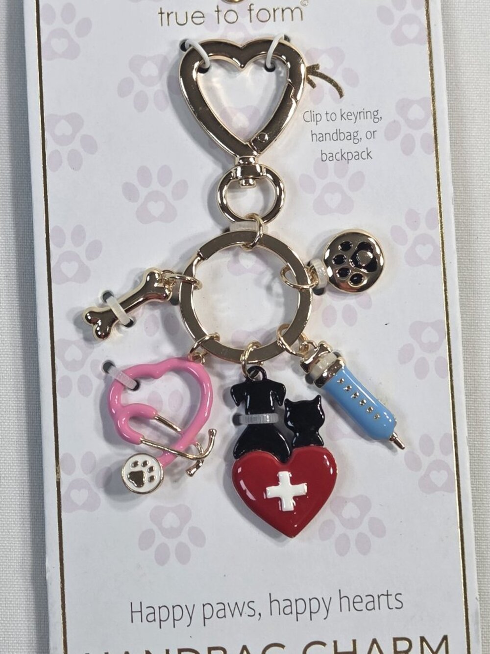 NWT True to Form Pet Lover Bag Charm Keychain Gold Theme Happy Hearts New
